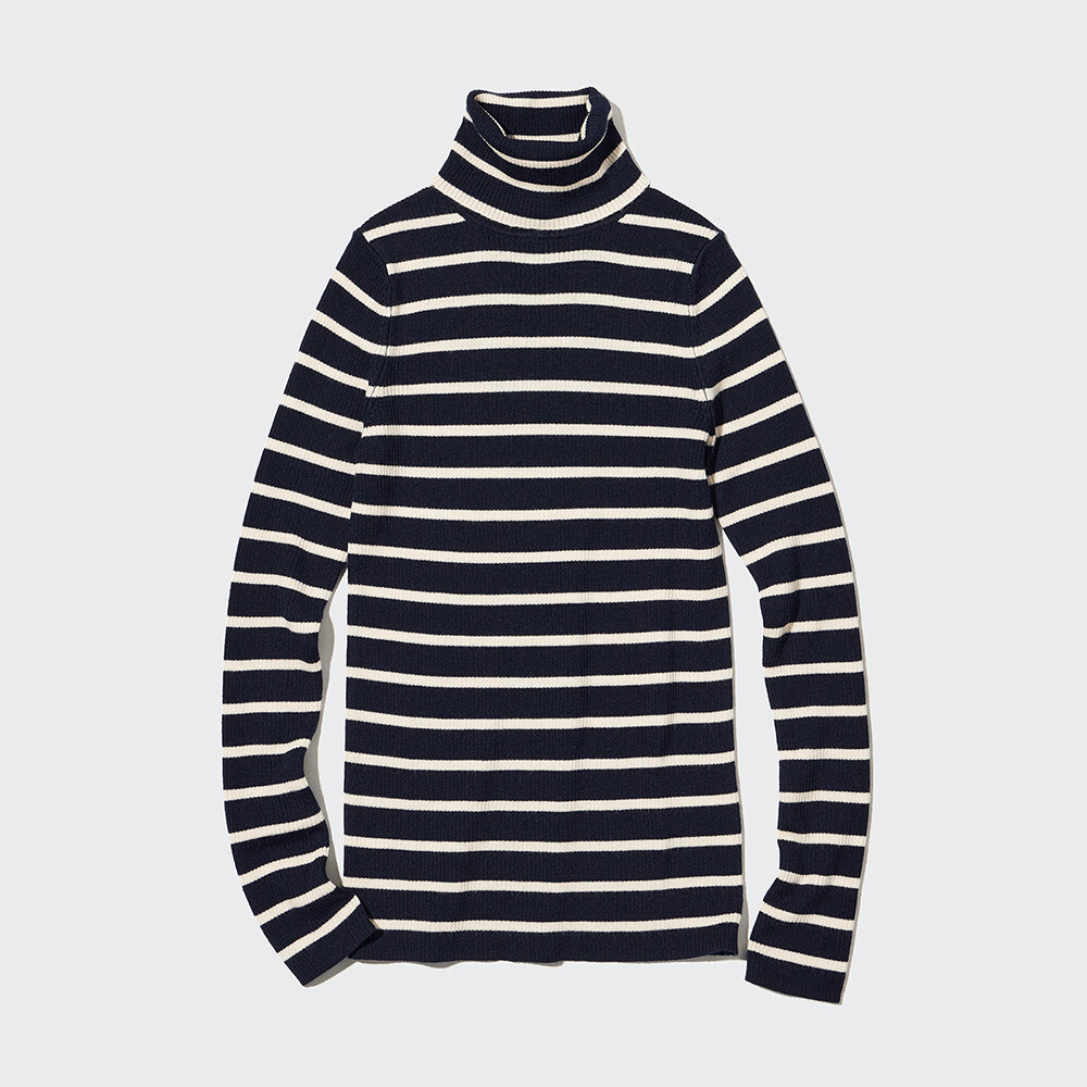 

Свитер Uniqlo камвольный в полоску с двумя лацканами, темно-синий