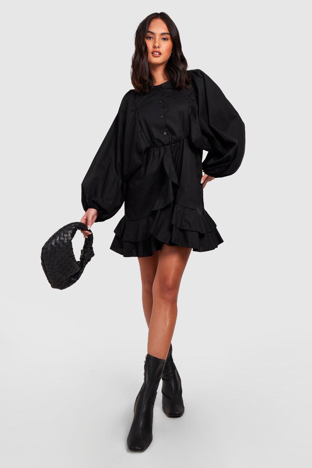 

Платье-рубашка из хлопкового рукава Boohoo, черный