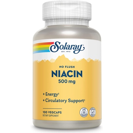 Ниацин без прилива 500 мг. Здоровая энергия и поддержка системы кровообращения 100 растительных капсул - 100 порций, Solaray
