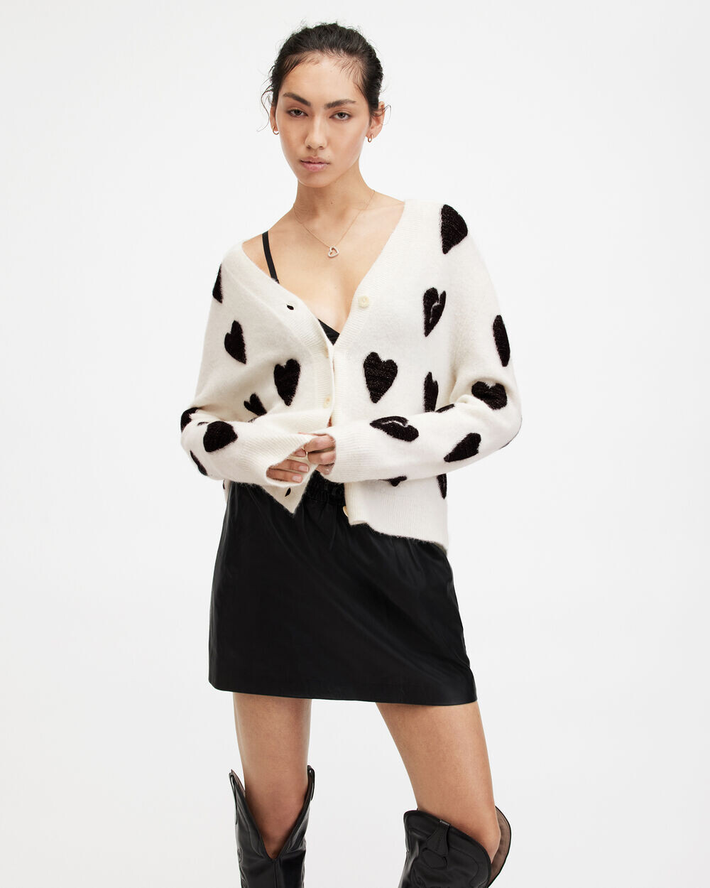 

Жаккардовый кардиган с начесом Amora Love Heart AllSaints, мел белый/черный
