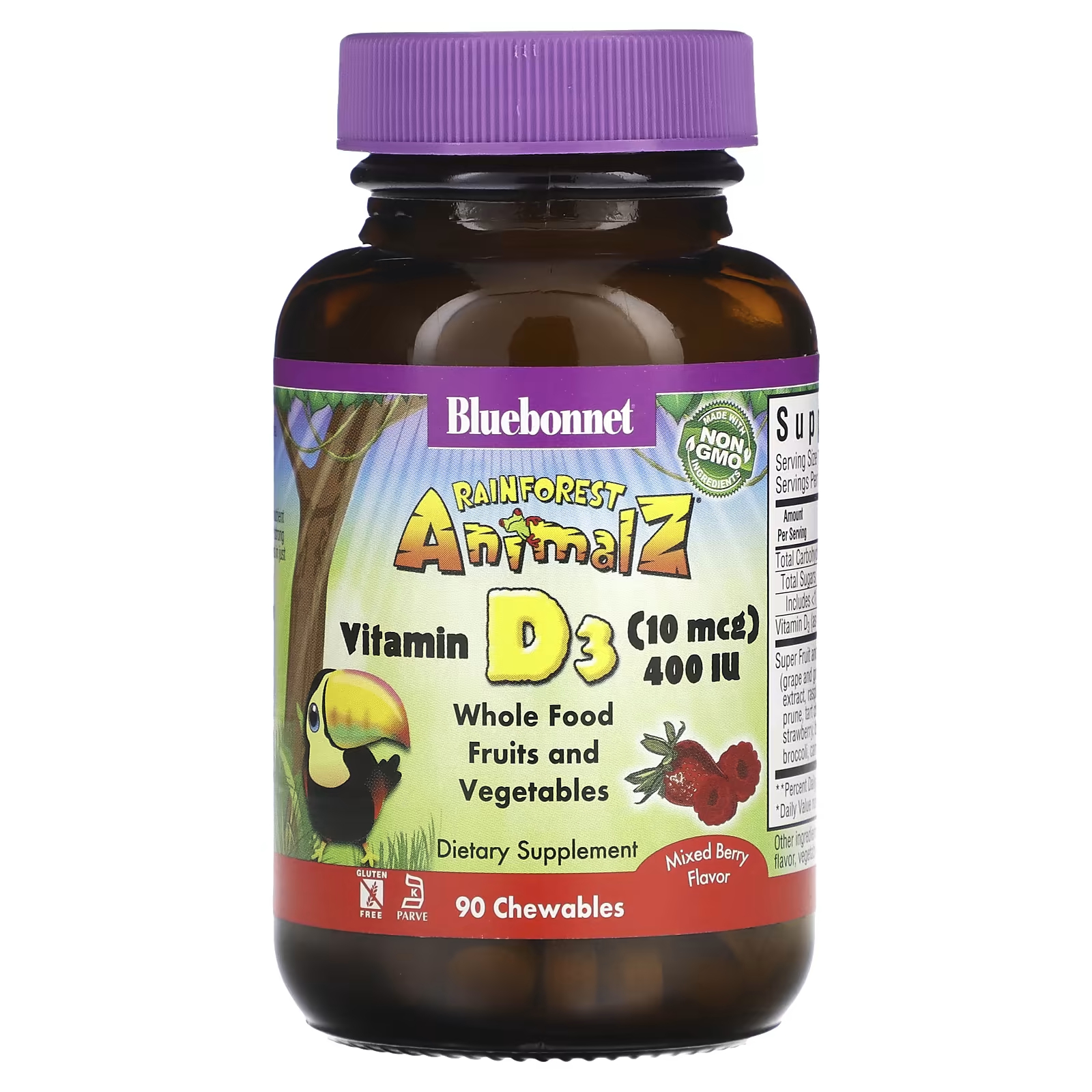 Витамин D3 Bluebonnet Nutrition Rainforest Animalz ягодная смесь 400 МЕ, 90 жевательных таблеток витамин d3 5000 ме bluebonnet nutrition малина 90 таблеток