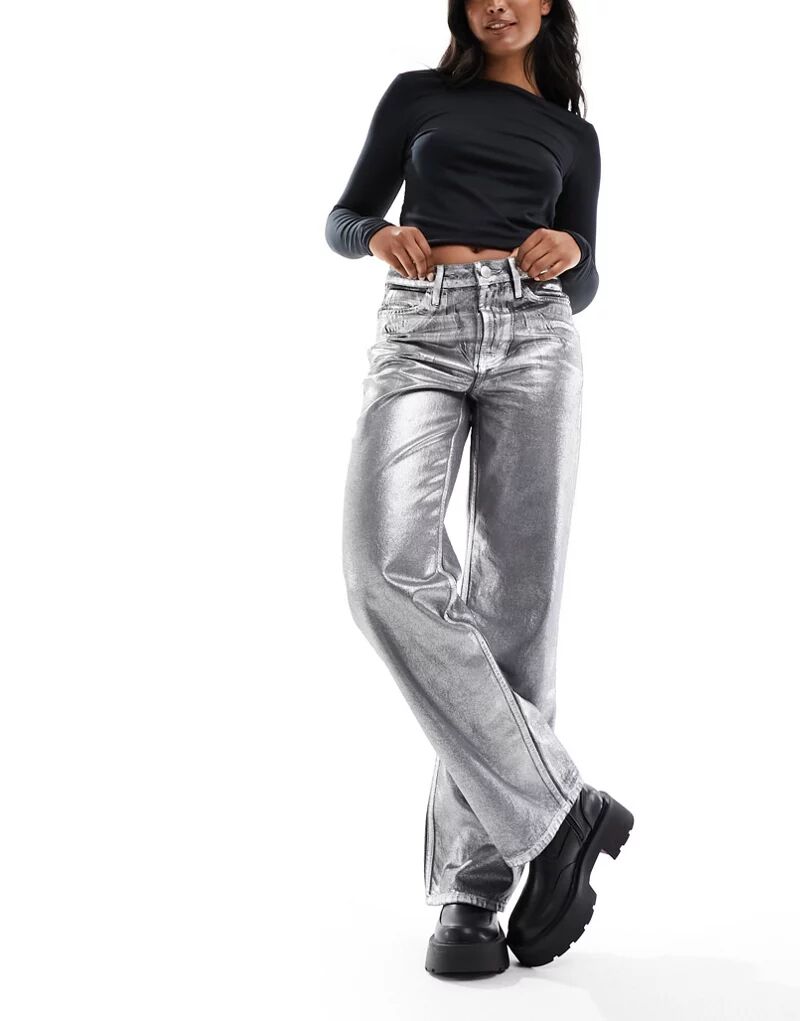 Серебристые прямые джинсы с покрытием в стиле 90-х River Island