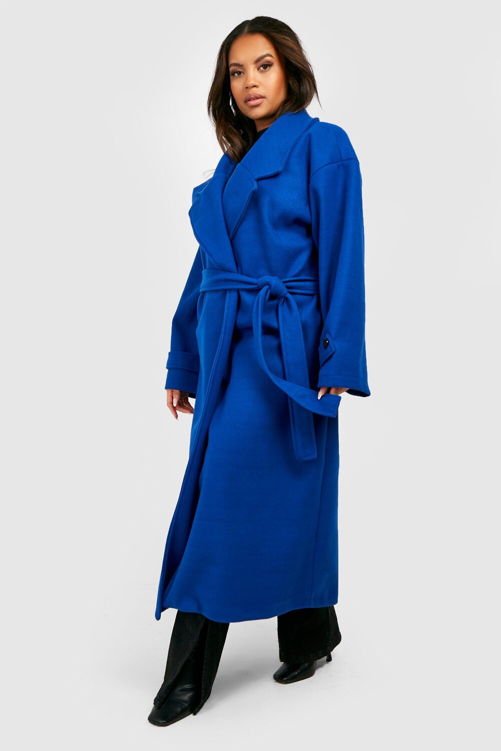 

Тренч Plus с шерстяным узором и поясом boohoo, синий