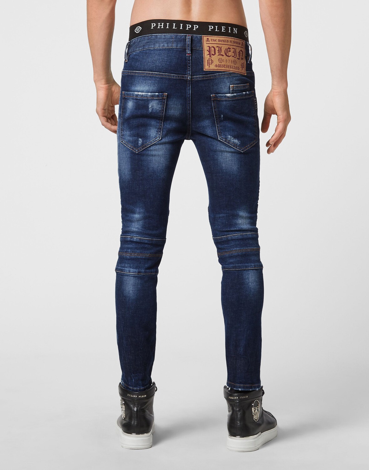 

Джинсовые брюки скинни в байкерском стиле Philipp Plein, цвет Blue Workwear