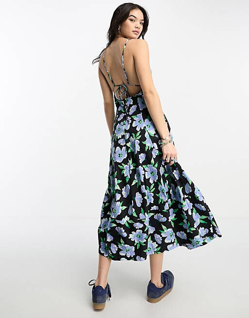 

Черное хлопковое платье миди с цветочным принтом Free People Bloom