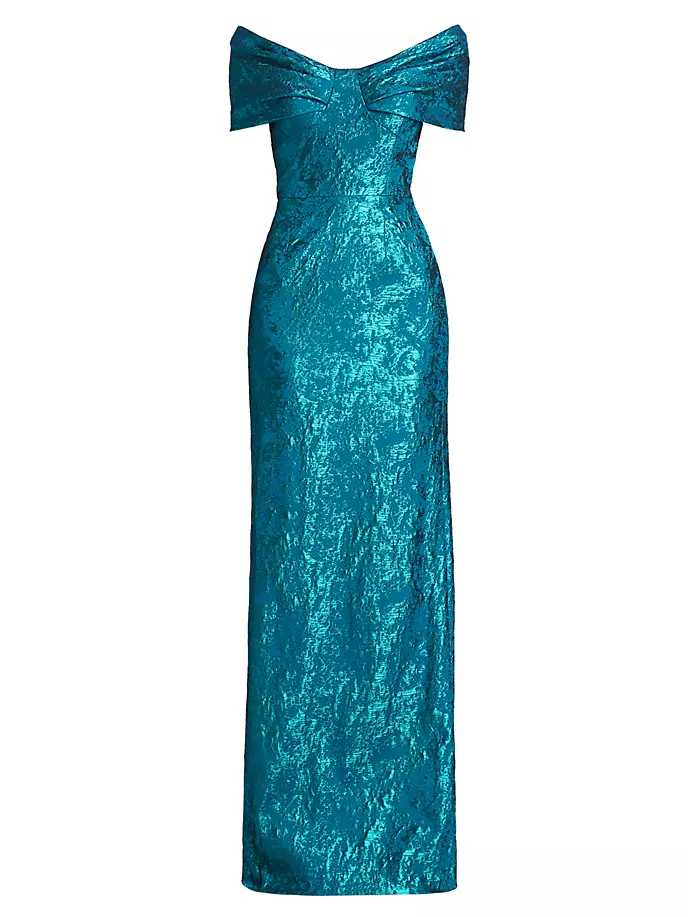 Жаккардовое платье металлик с открытыми плечами Teri Jon By Rickie Freeman, бирюзовый