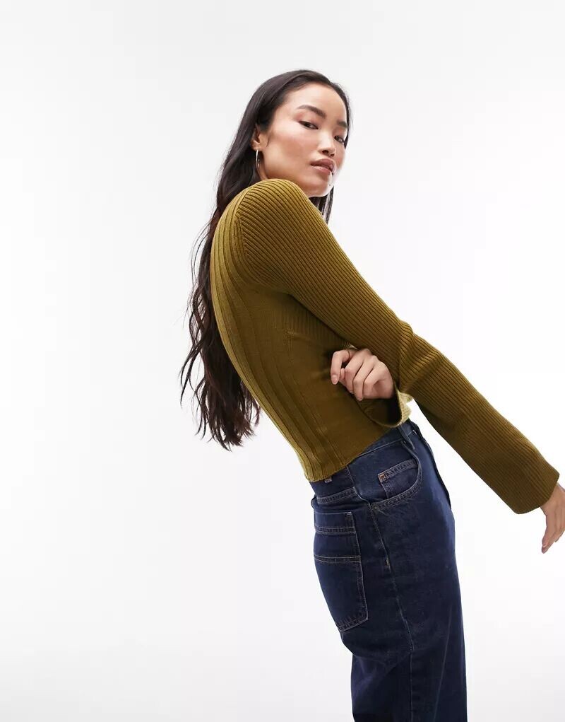 

Вязаный топ цвета хаки с длинными рукавами и квадратным вырезом Topshop