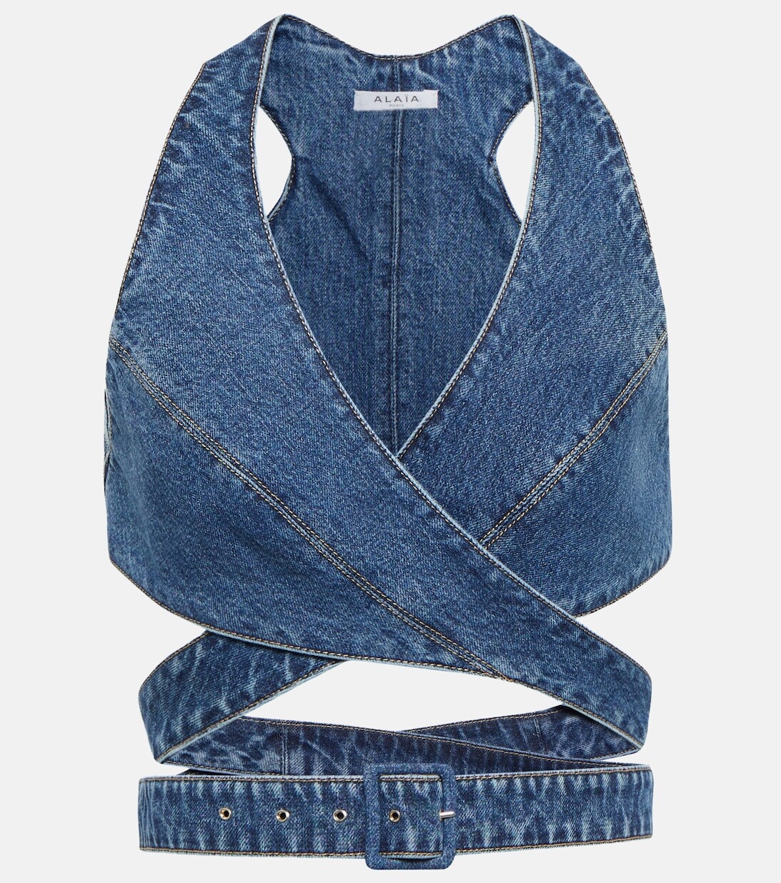 

Джинсовый укороченный топ с пряжками ALAÏA, синий
