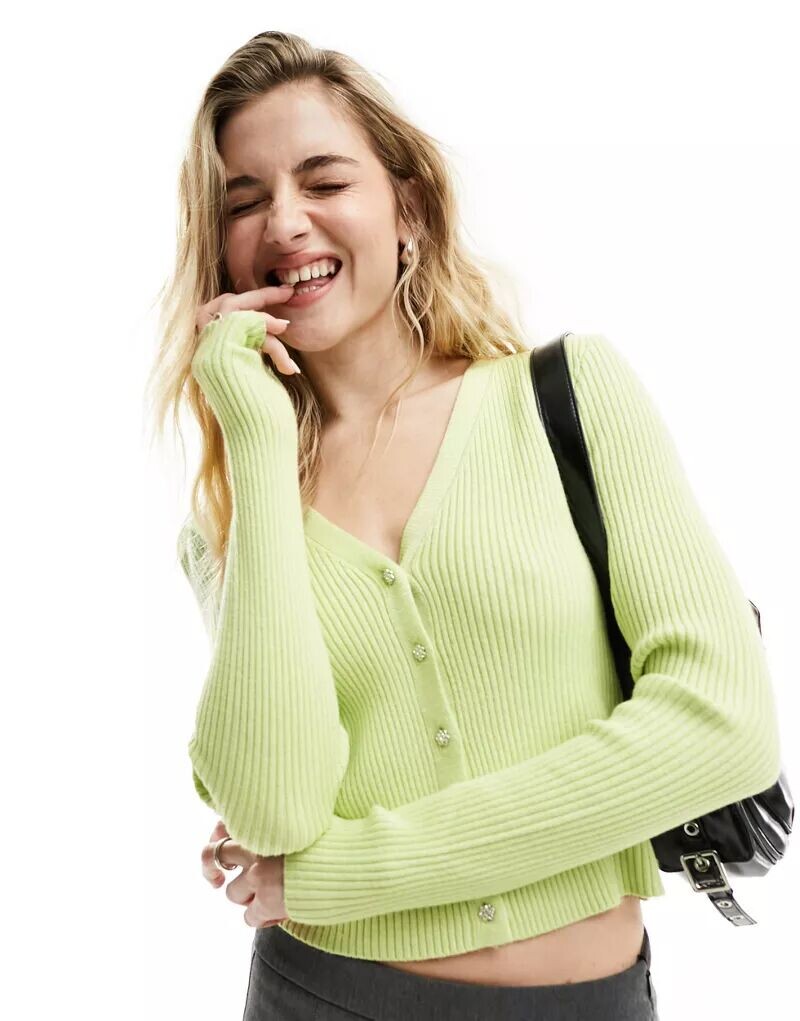 

Светло-зеленый кардиган Vero Moda с планкой на пуговицах во всю длину с драгоценными камнями