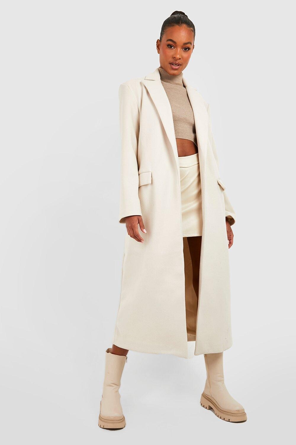 

Длинное пальто дастер из шерстяной ткани оверсайз boohoo, бежевый