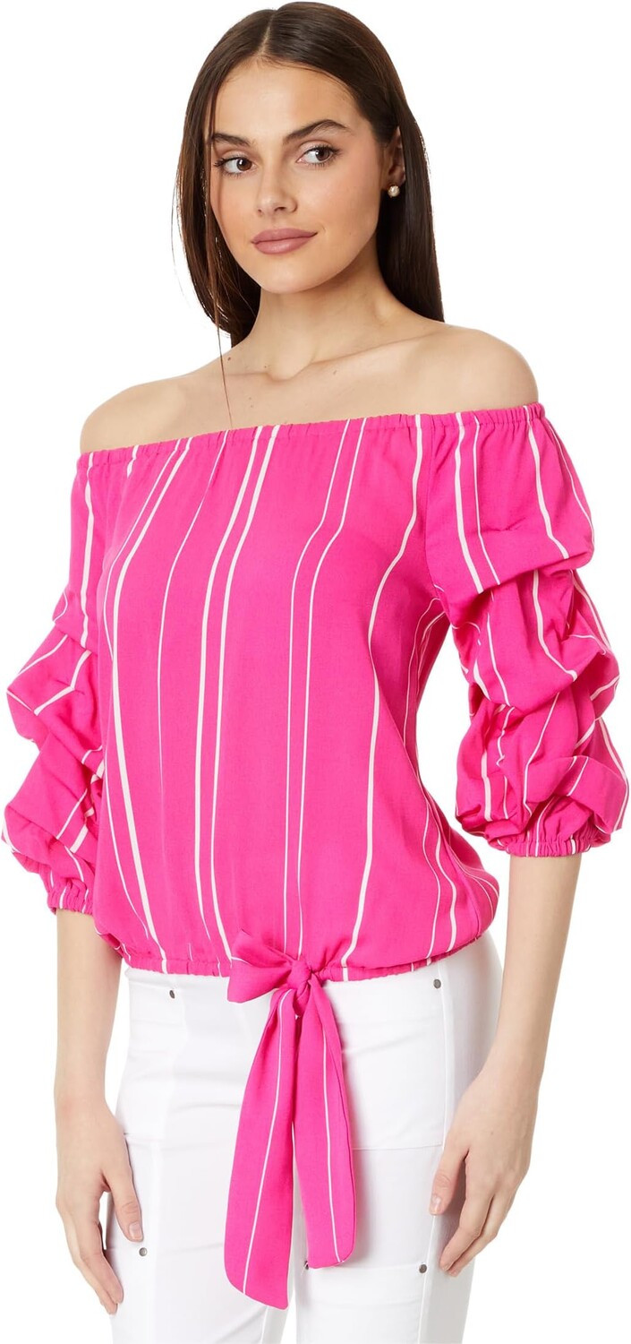 

Блуза Vince Camuto Bubble Sleeve Off Shoulder Crepe Stripe Blouse, цвет Hot Pink