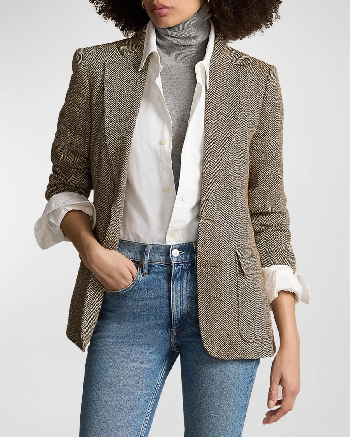 

Блейзер из смесового льна с узором «елочка» Polo Ralph Lauren, цвет Browncream Herringbone