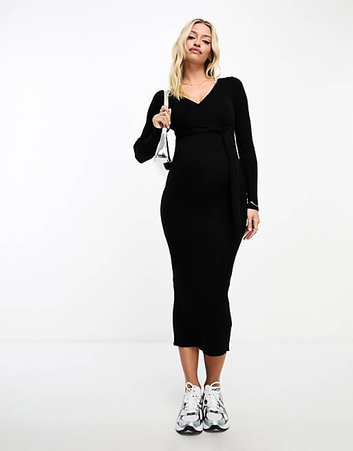Черное трикотажное платье миди с запахом спереди ASOS DESIGN Maternity черное платье рубашка миди с запахом спереди asos