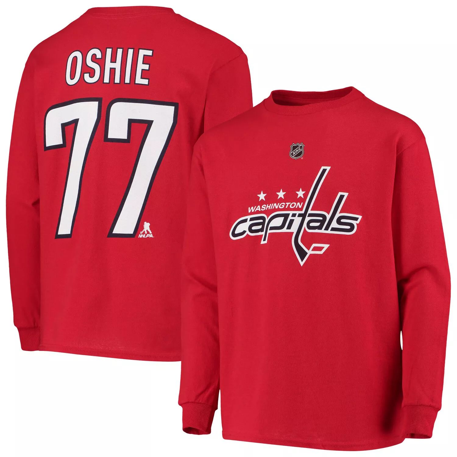 

Молодежная красная футболка TJ Oshie Washington Capitals с длинным рукавом и именем и номером Outerstuff