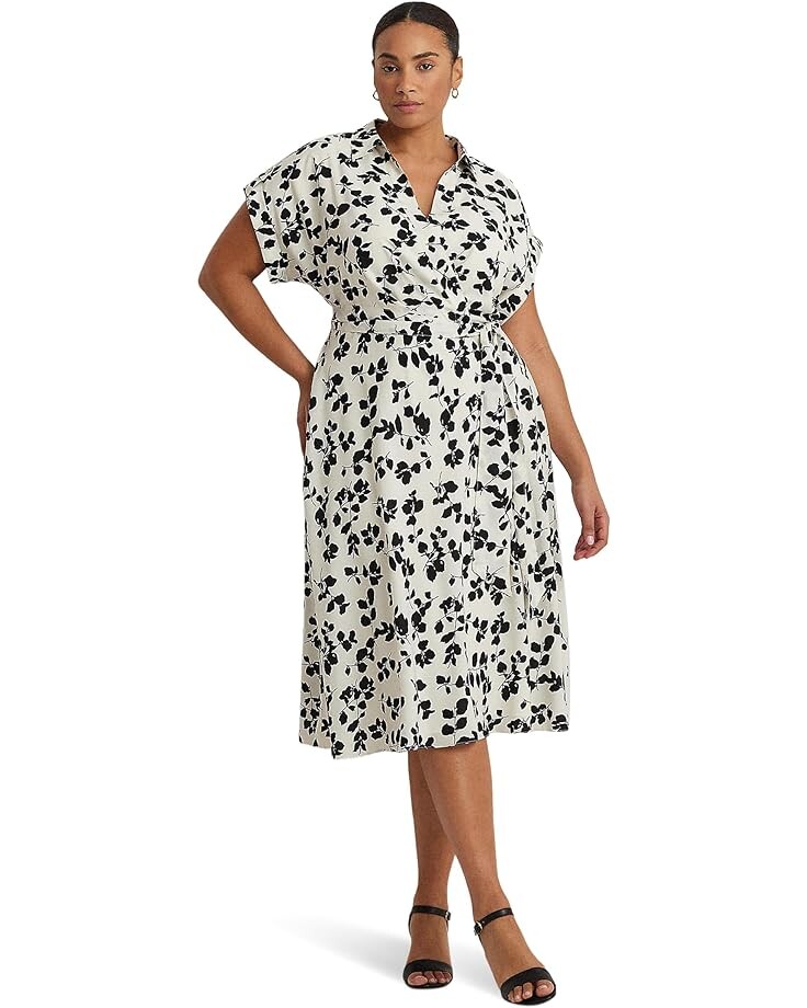 

Платье LAUREN Ralph Lauren Plus-Size Leaf-Print Belted Crepe, цвет Cream/Black