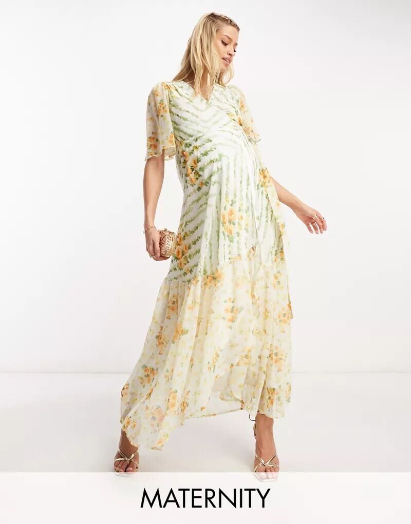 

Зеленое платье макси с запахом и объемными рукавами Hope & Ivy Maternity с контрастным цветочным принтом