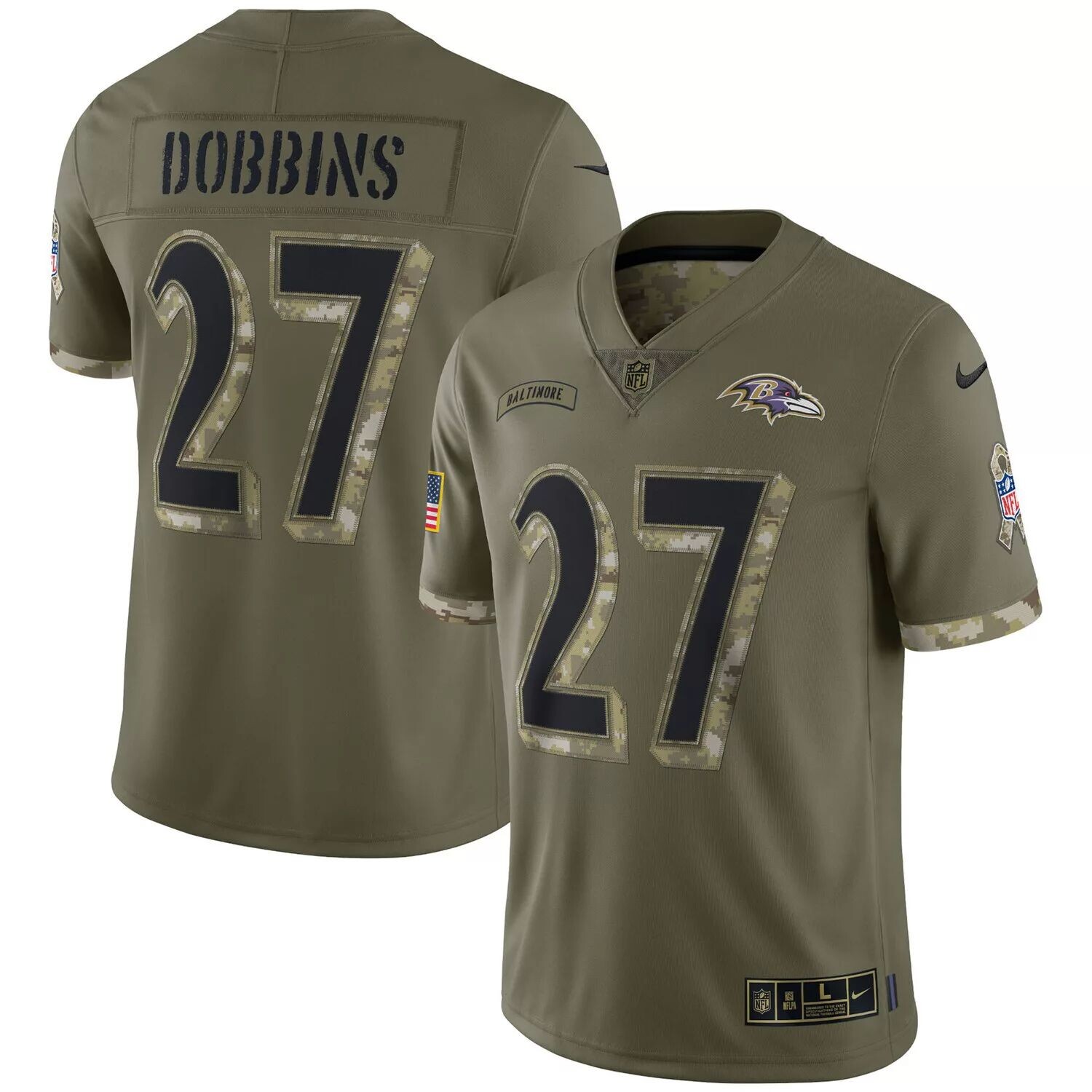 

Мужское джерси JK Dobbins Olive Baltimore Ravens 2022 Salute To Service Limited Nike