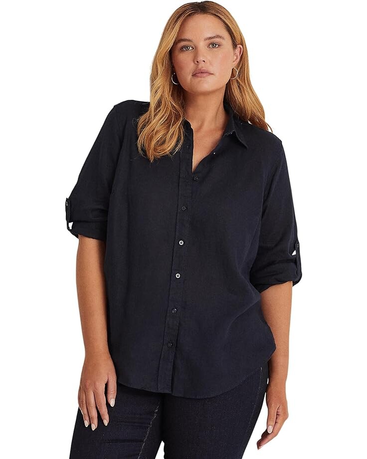 

Рубашка LAUREN Ralph Lauren Plus-Size Linen Roll Tab–Sleeve Shirt, нави
