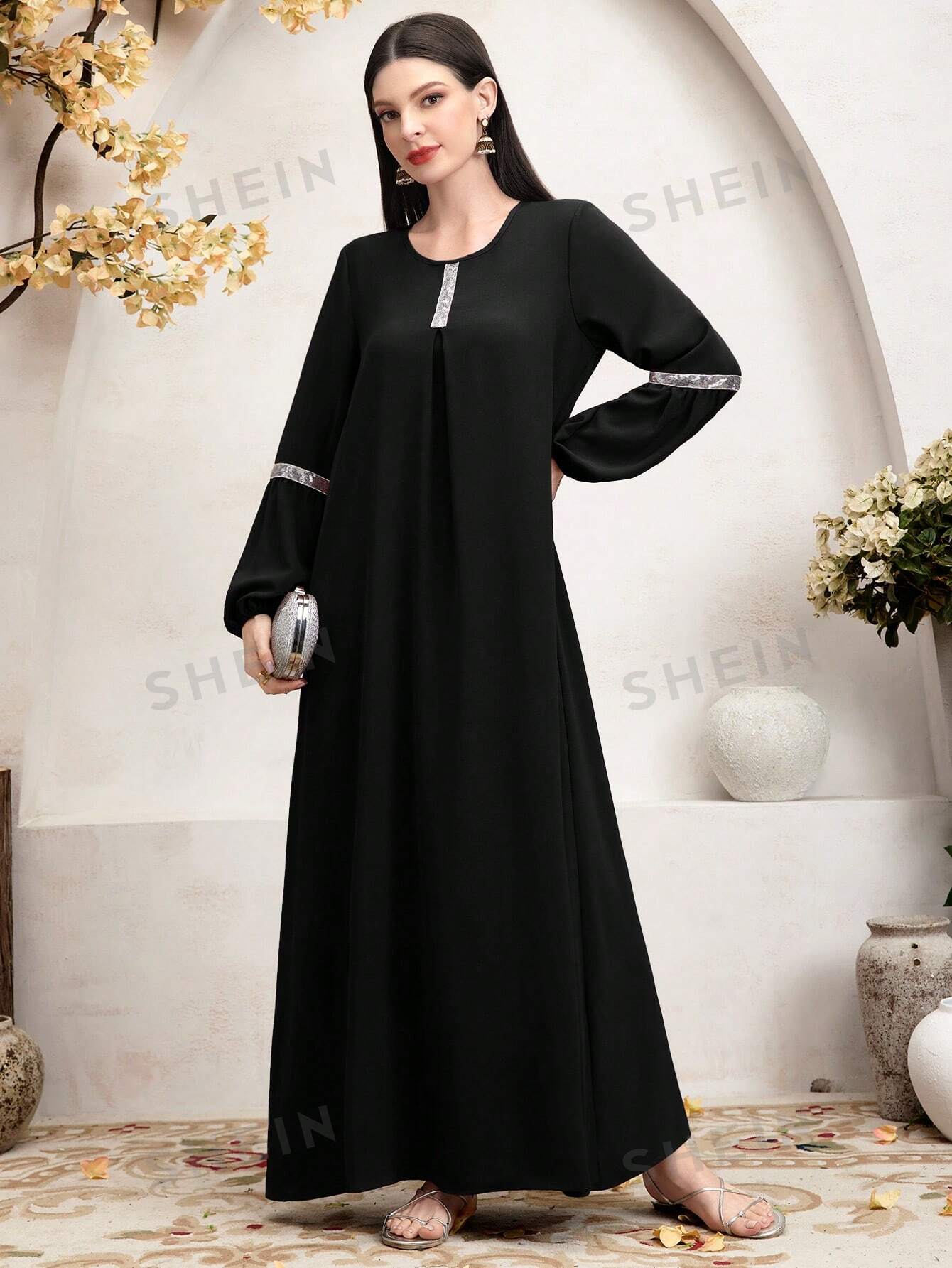 цена SHEIN Najma женское лоскутное блестящее арабское платье с рукавами-фонариками, черный