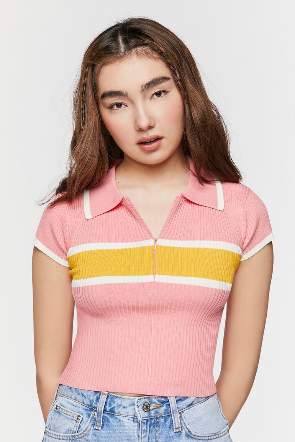 

Полосатый топ с молнией до половины и вырезом Forever 21, розовый
