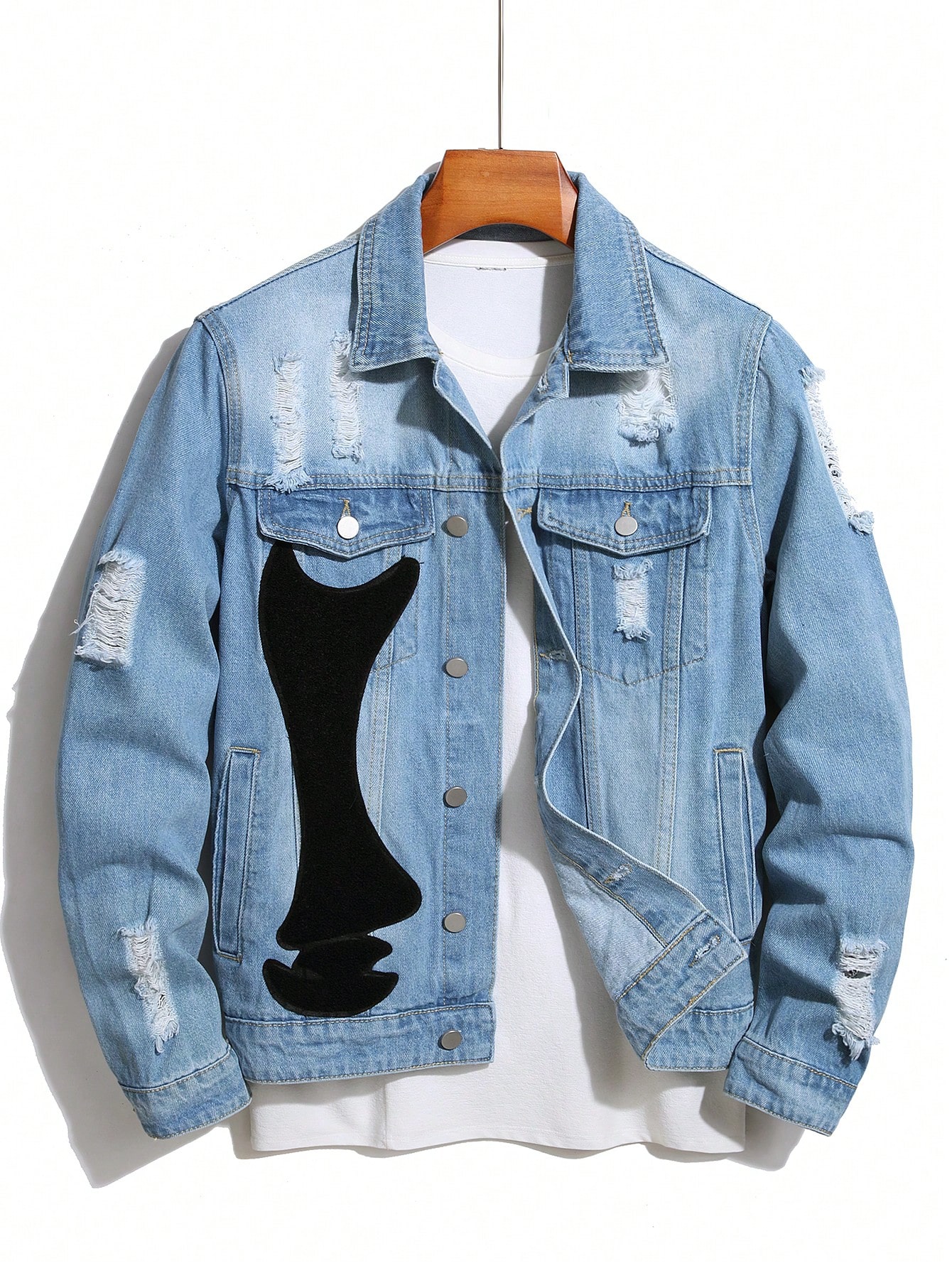Мужская джинсовая куртка Manfinity EMRG с длинными рукавами и потертыми деталями, легкая стирка мужская джинсовая куртка с вышивкой однотонная однобортная приталенная куртка с отложным воротником и длинными рукавами в стиле хип хоп