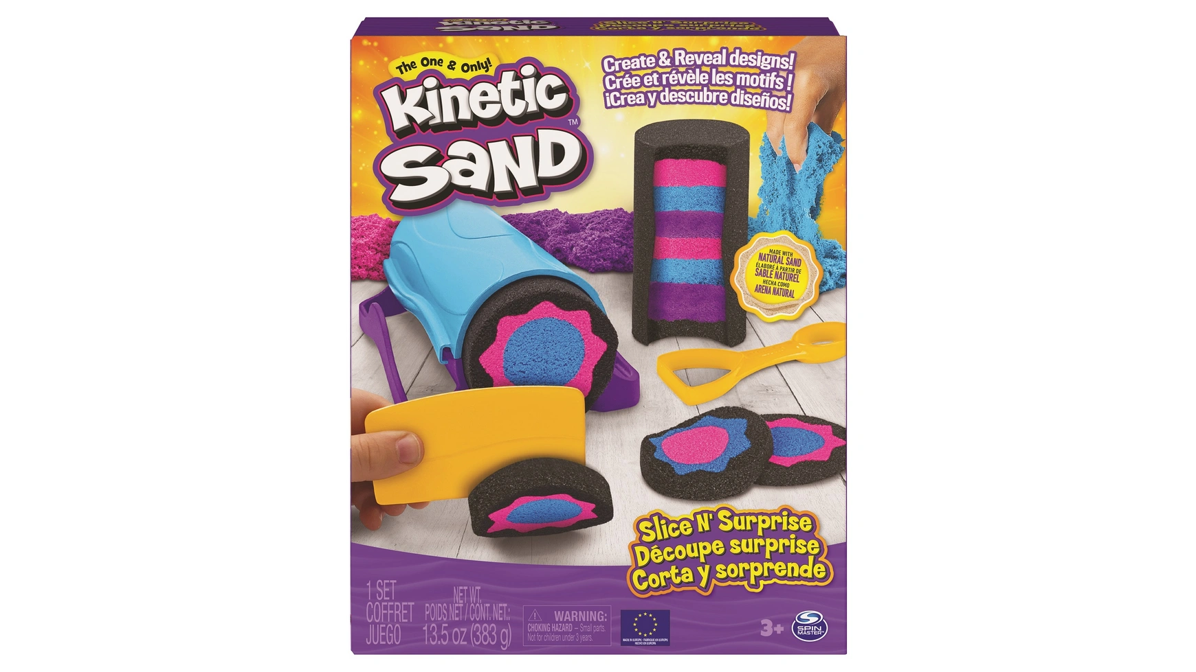 цена Spin Master набор Kinetic Sand Slice n Surprise с 3 цветами песка и 7 инструментами для создания великолепных узоров