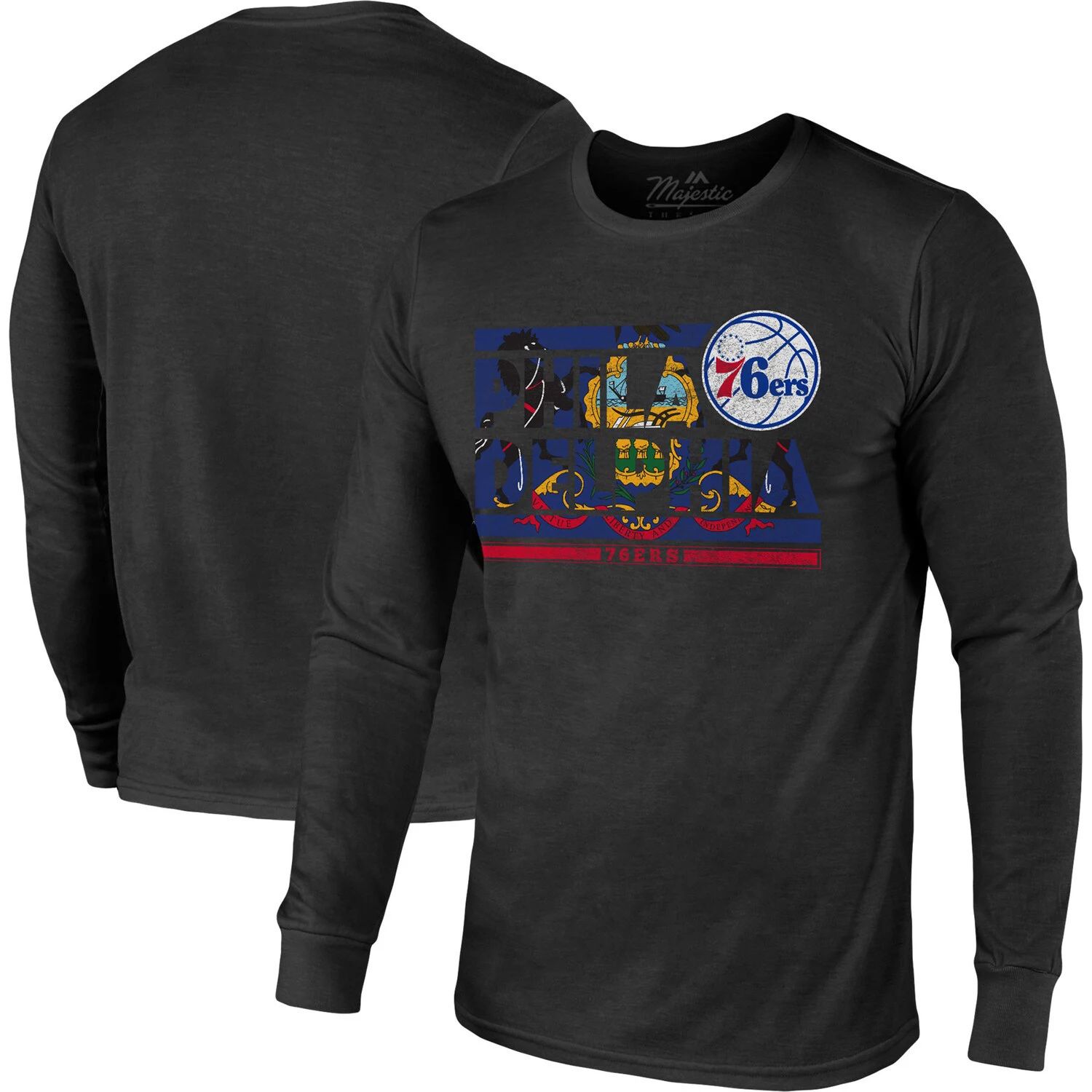 Черная мужская футболка Threads Philadelphia 76ers City and State Tri-Blend с длинными рукавами Majestic цена и фото