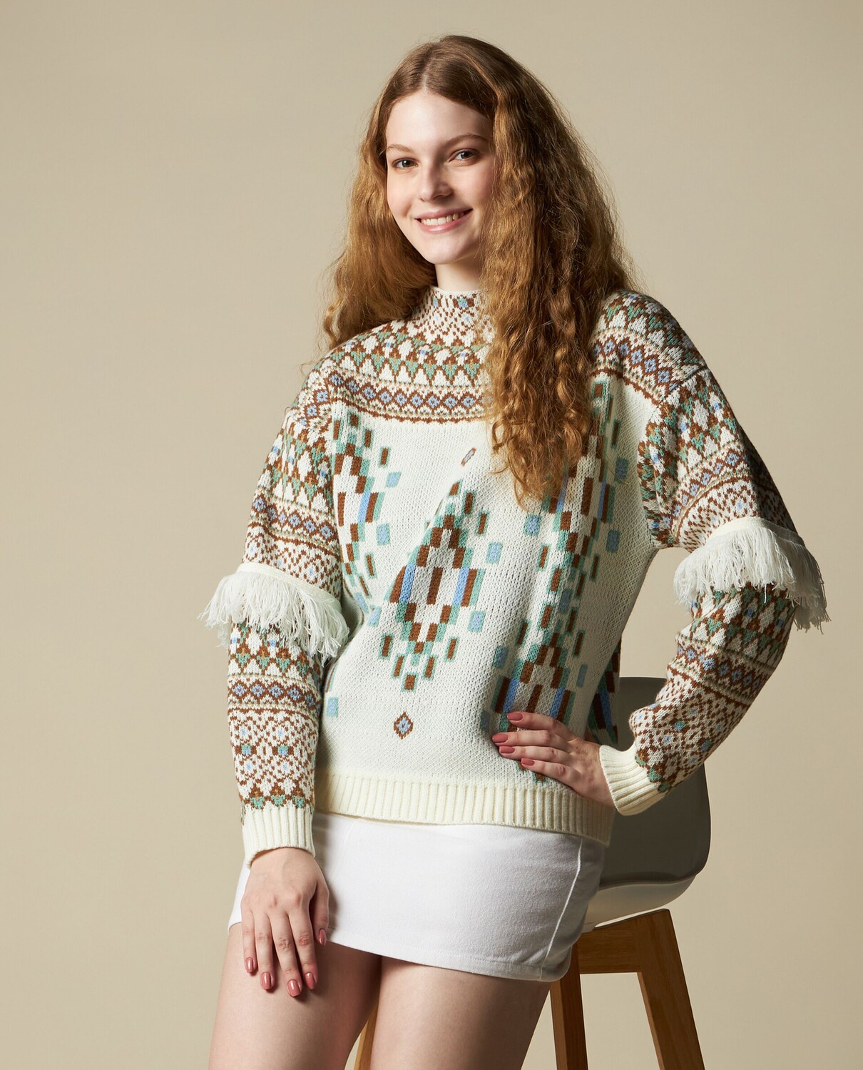 

Женский трико из смесовой шерсти с бахромой NICE&CHIC, белый/бежевый