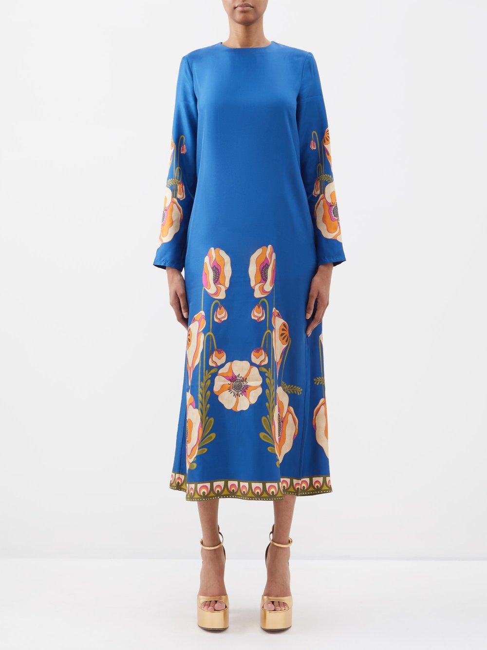 Платье из шелкового твила с принтом «маки» La DoubleJ, синий цена и фото