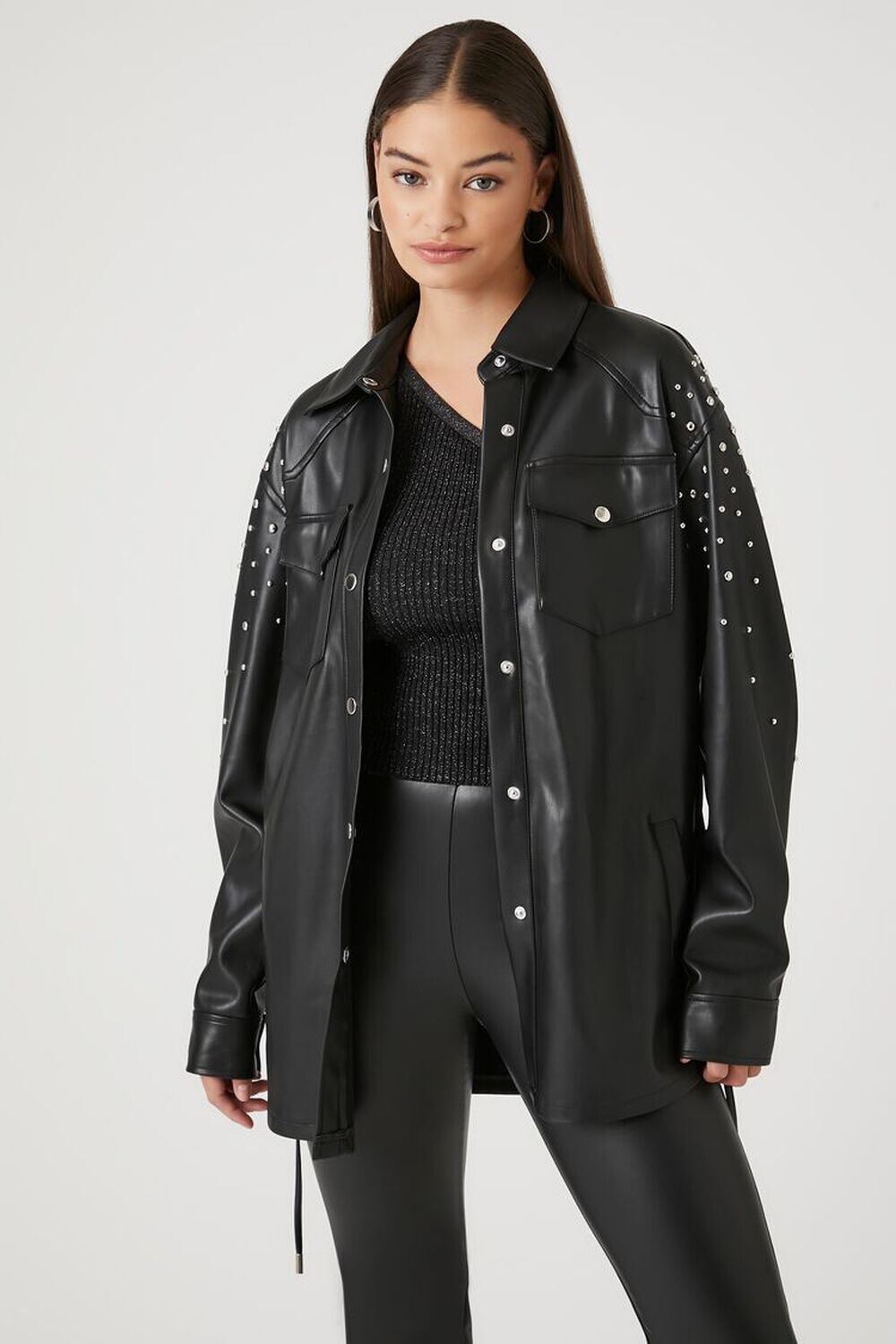 Куртка из искусственной кожи с шипами Forever 21, черный