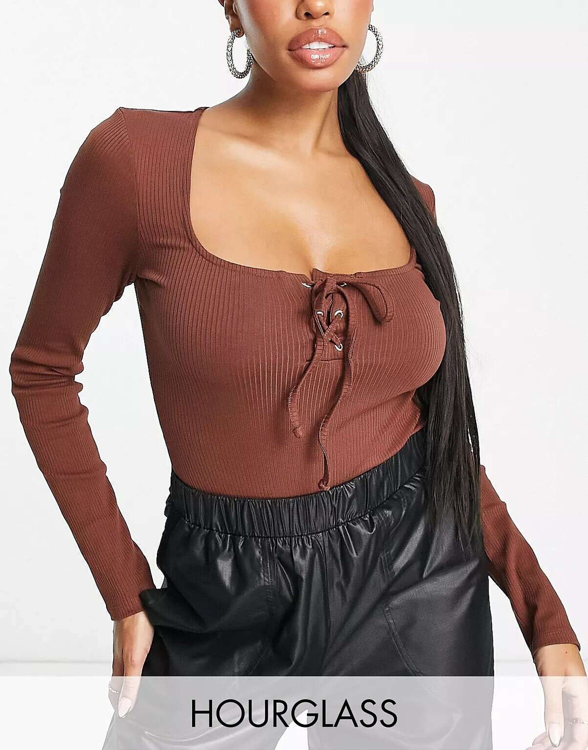 

Шоколадное боди со шнуровкой и длинными рукавами ASOS Fuller Bust