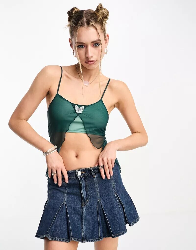 

Бирюзовый топ на бретелях из сетки с открытым передом и бабочкой Tammy Girl