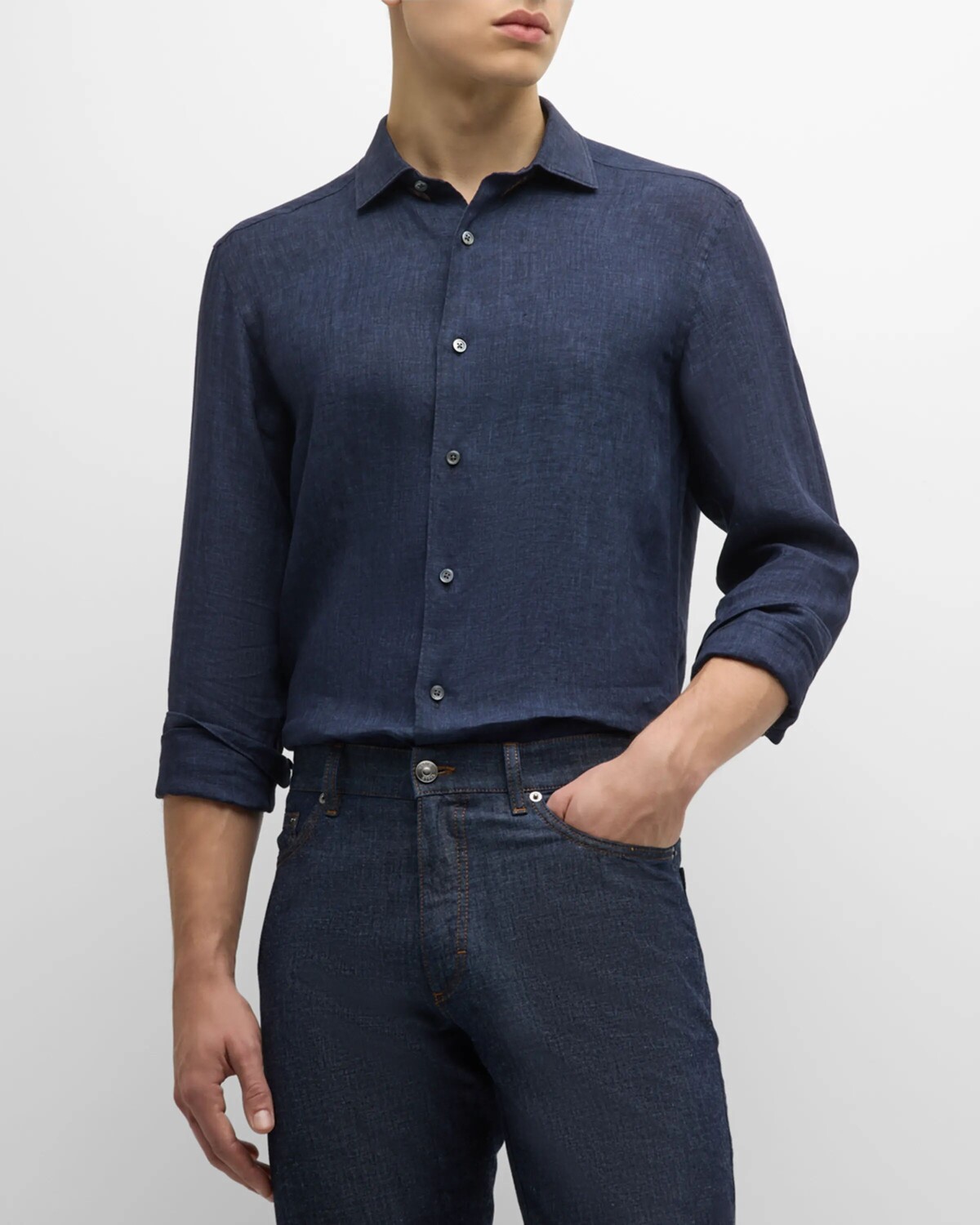 

Мужская льняная спортивная рубашка ZEGNA, цвет Dark Blue Solid