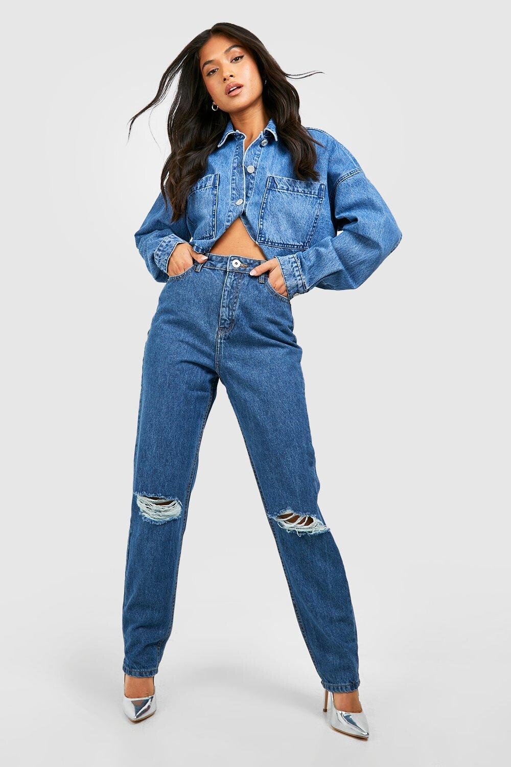 

Рваные джинсы с высокой посадкой Boohoo, синий