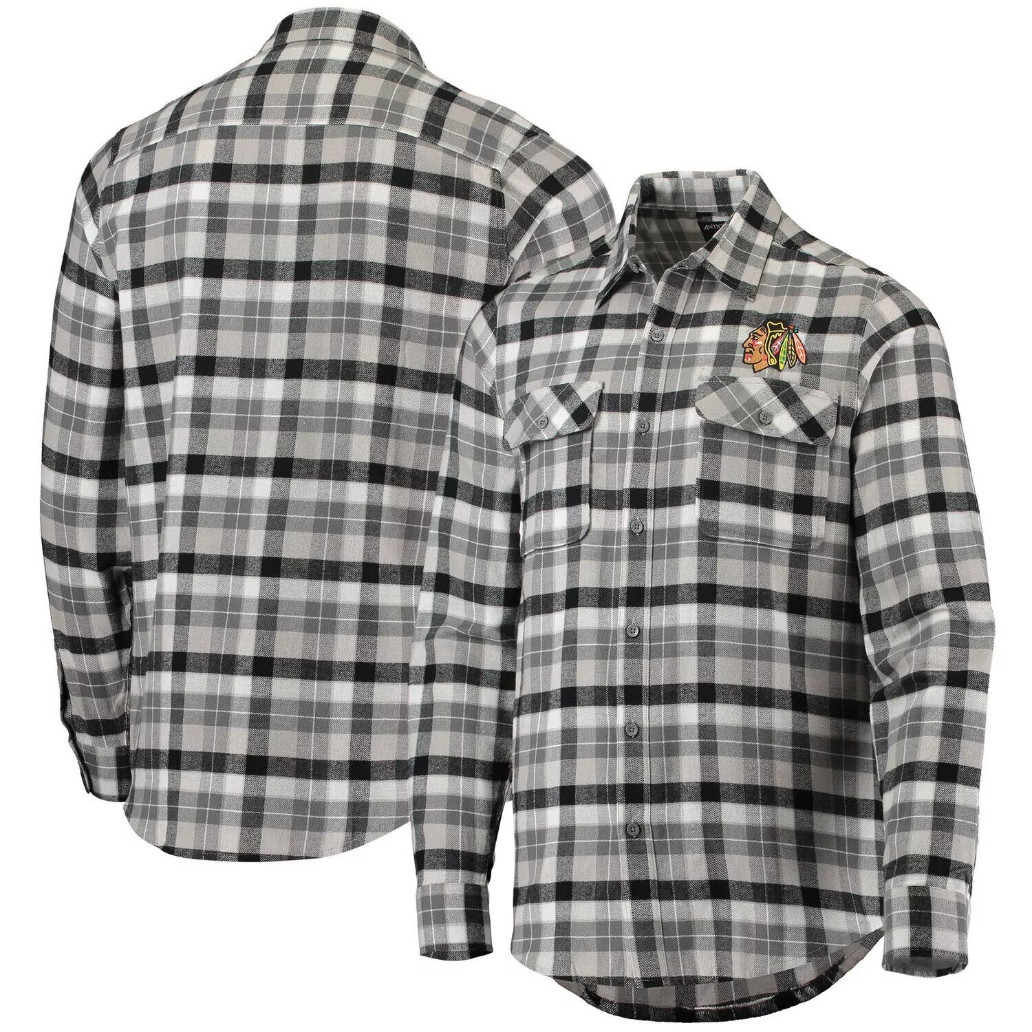 

Мужская рубашка в клетку на пуговицах с длинным рукавом Antigua Black/Grey Chicago Blackhawks Ease