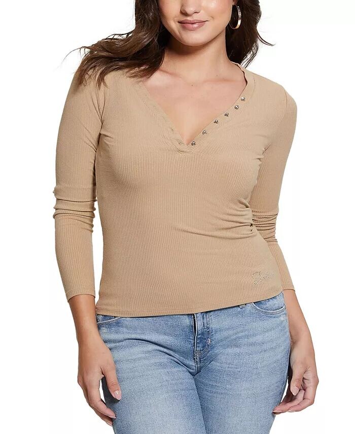 

Женский топ Kyla Henley в рубчик с длинными рукавами GUESS, коричневый