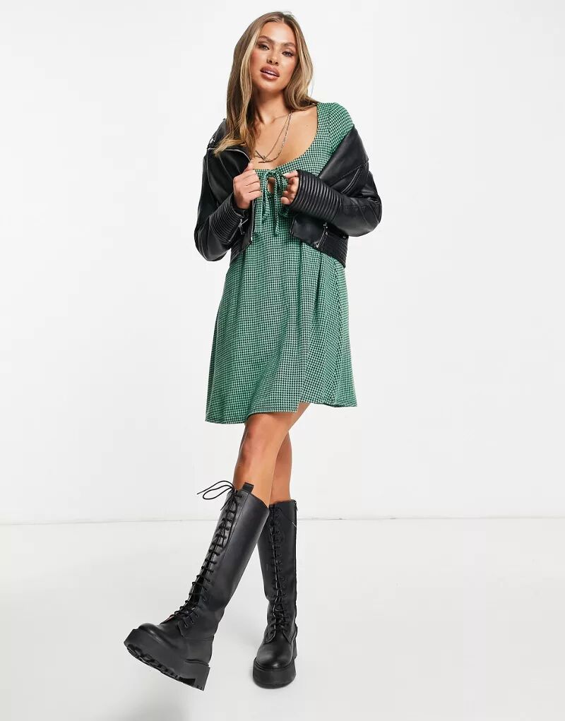 Зелено-черное платье в стиле бэби-долл со шнуровкой и длинными рукавами ASOS