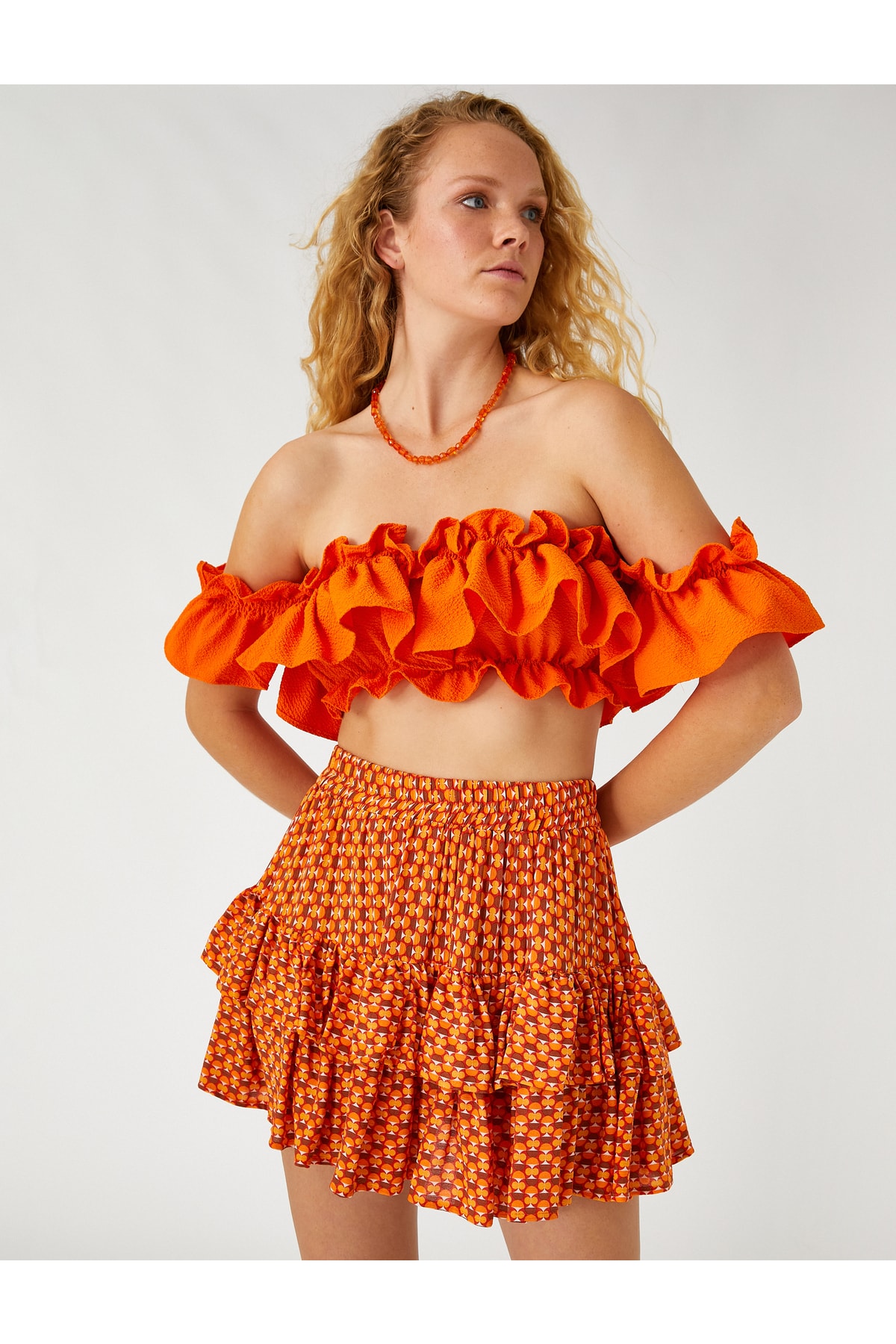 Мини-многоярусная юбка с эластичной резинкой на талии Koton, оранжевый