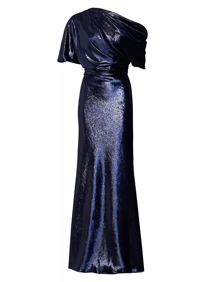 Бархатное платье с металлизированной драпировкой Amsale, темно-синий