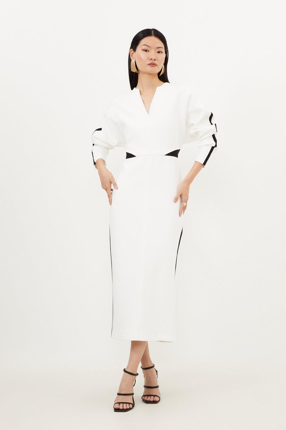 цена Компактное приталенное платье миди с контрастными вставками и стретч-стилем Karen Millen, белый