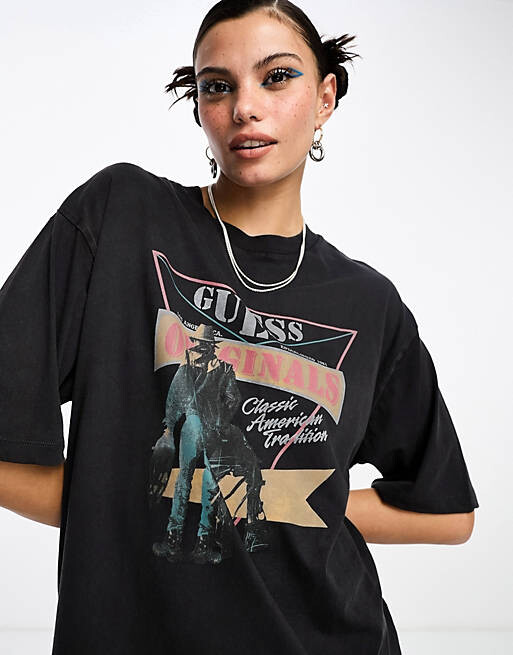 

Черное платье-футболка с короткими рукавами Guess Originals