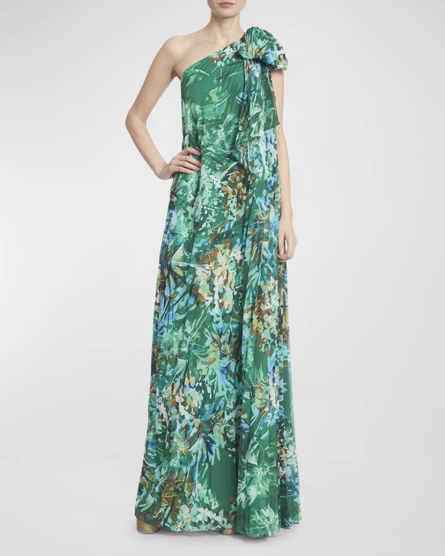 

Плиссированное платье на одно плечо с цветочным принтом и бантом Badgley Mischka Collection