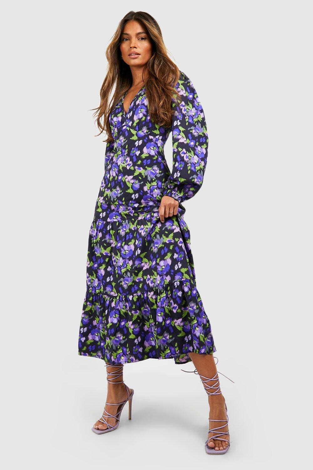 

Свободное платье миди с цветочным принтом boohoo, фиолетовый