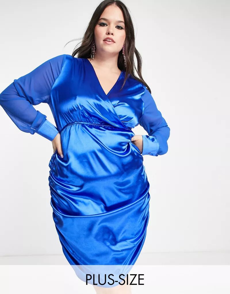Синее атласное платье мини со сборками Urban Threads Plus