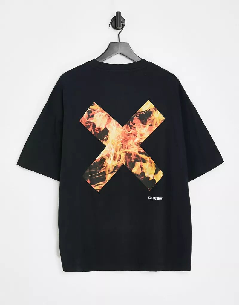 Черная футболка унисекс COLLUSION с принтом логотипа и пламенем