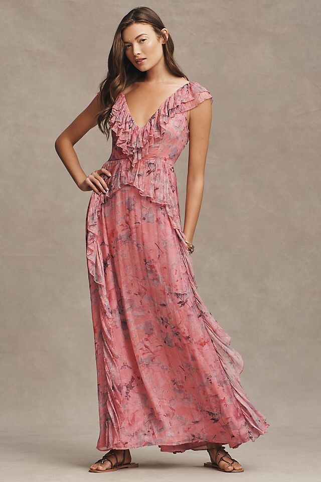 

Платье Bhldn Lyla с V-образным вырезом и рюшами с принтом, розовое комбо