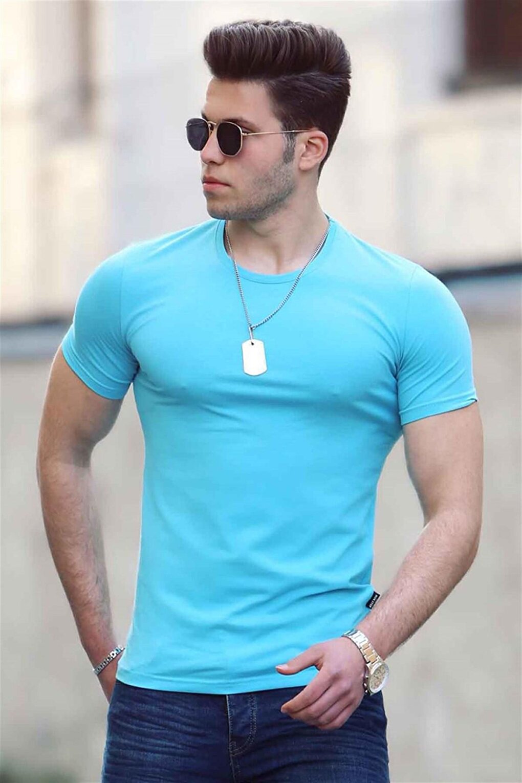 Синяя мужская футболка с круглым вырезом 4552 MADMEXT