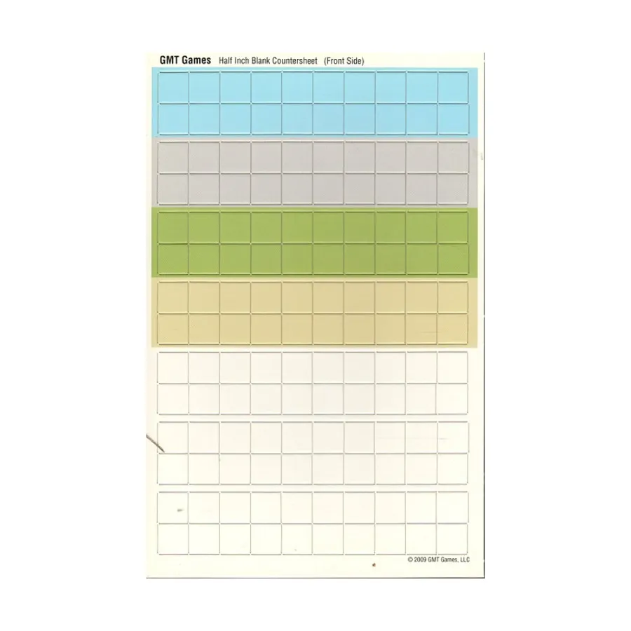 

Пустой встречный лист 1/2 дюйма (разноцветный) (10 шт. в упаковке), Blank Counter Sheets, Counter Trays, Empty Wargame Boxes & Blank Hex Maps (GMT)