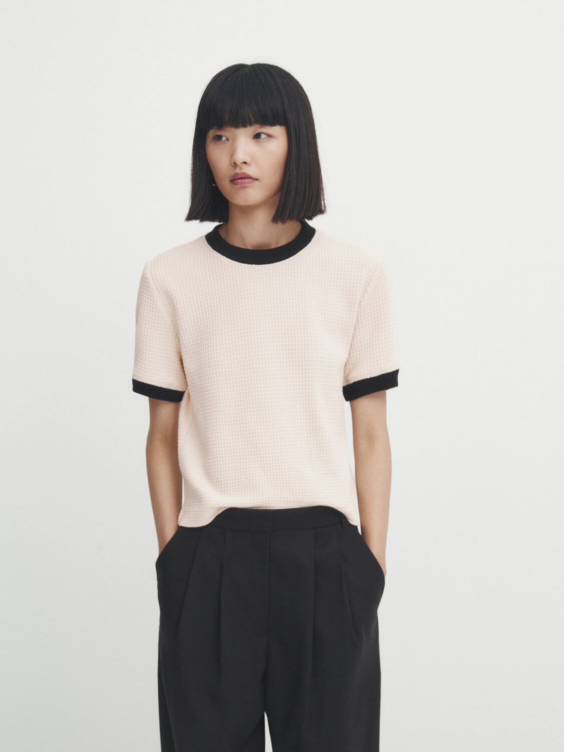 

Футболка из хлопка с контрастной текстурой Massimo Dutti, кремовый, Бежевый