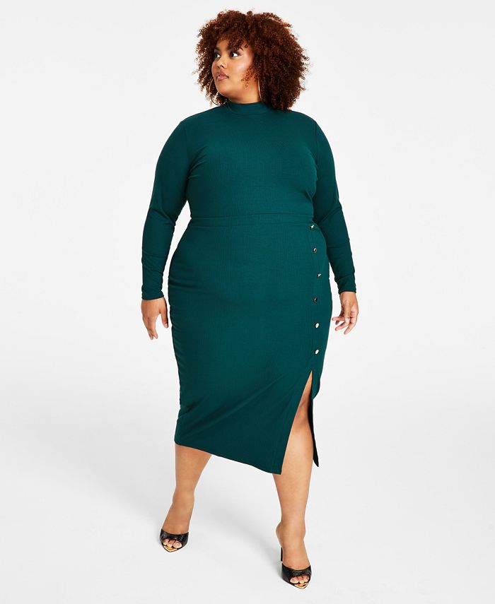 Модное облегающее платье больших размеров в рубчик с воротником-стойкой Nina Parker, зеленый